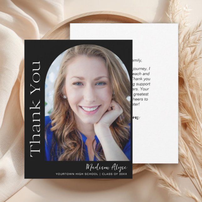 Black White Custom Modern Photo Arch Graduation  Thank You Card (Modern black photo arch graduation thank you card)