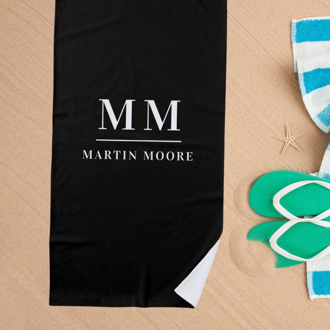 Black white custom monogram initials name beach towel (Creator Uploaded)