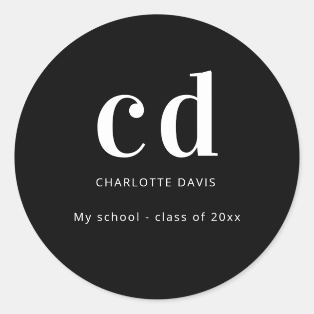Black white custom monogram name modern minimalist classic round sticker (Front)