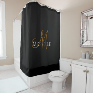 Black White Custom Monogram Script Name Shower Curtain