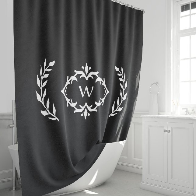 Black & White Custom Monogrammed Initial Wreath  Shower Curtain (Stylish Black & White Custom Monogrammed Initial Laurel Wreath Shower Curtain)