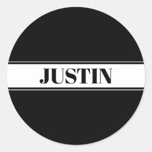 Black & White Custom Name Stripe Classic Round Sticker