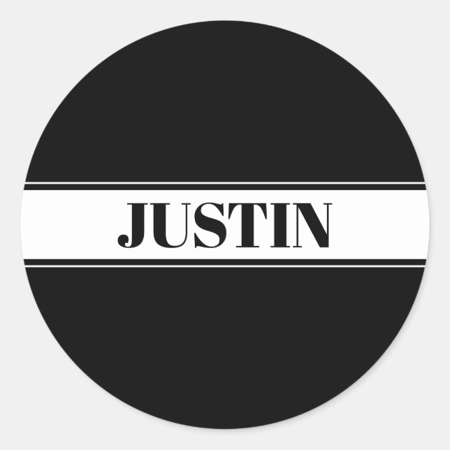 Black & White Custom Name Stripe Classic Round Sticker (Front)