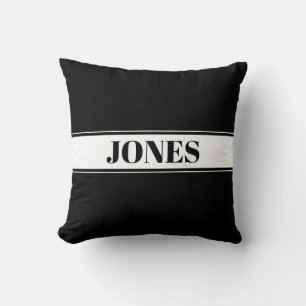 Black & White Custom Name Stripe Throw Pillow