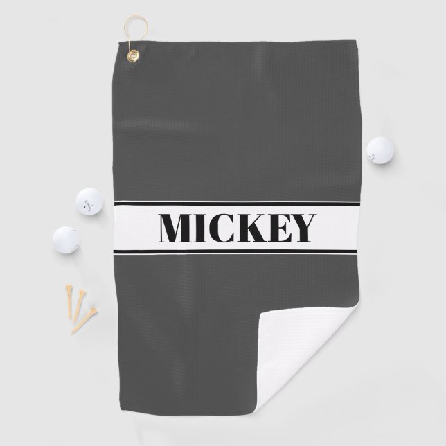 Black & White Custom Name Stripe w/Grey Golf Towel (InSitu)