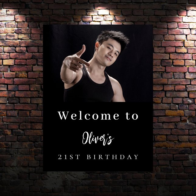 Black white custom photo birthday party welcome poster (Creator Uploaded)