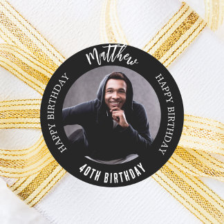 Black white custom photo man guy birthday classic round sticker