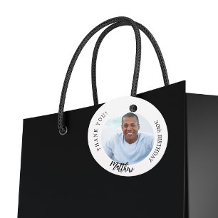 Black white custom photo man guy birthday favour tags