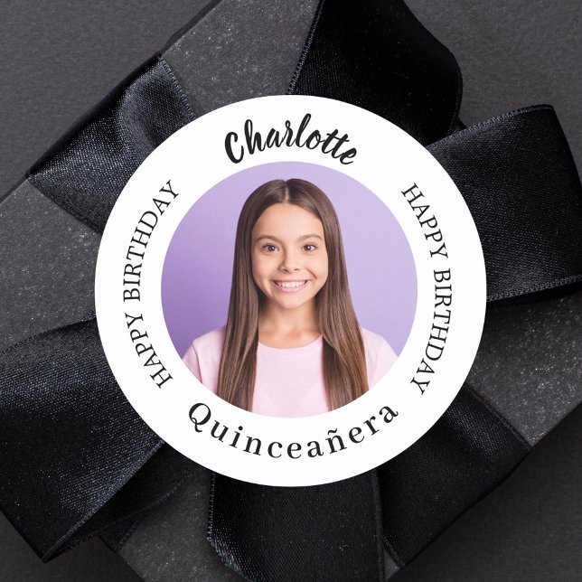 Black white custom photo Quinceanera Classic Round Sticker (Creator Uploaded)