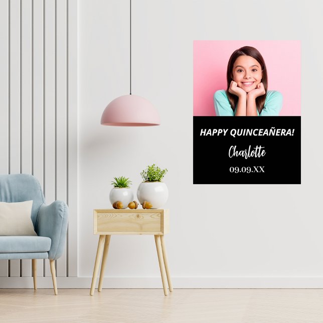 Black white custom photo Quinceanera party welcome Poster (Creator Uploaded)