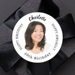 Black white custom photo woman birthday classic round sticker<br><div class="desc">A classic white background,  black text. Text: Happy birthday (x2) Personalise and add a name,  age and photo.</div>