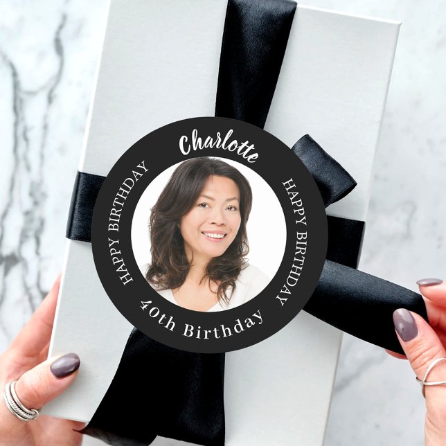 Black white custom photo woman birthday classic round sticker (Creator Uploaded)