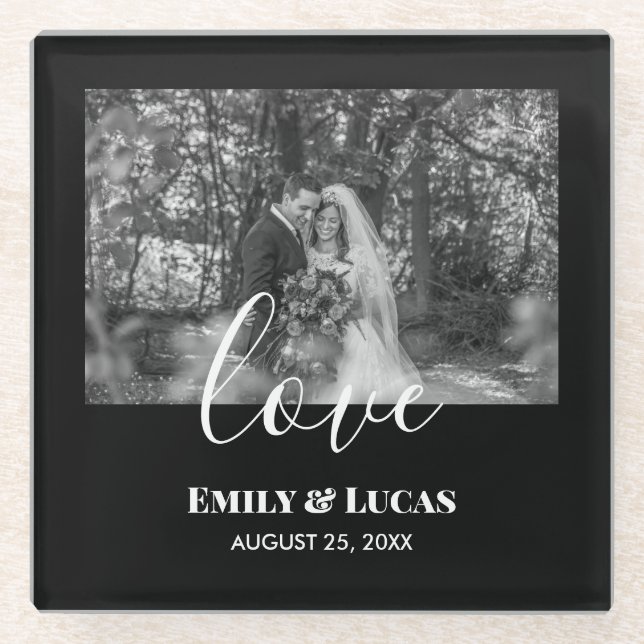 Black White Custom Wedding Photo Simple Elegant Glass Coaster (Front)