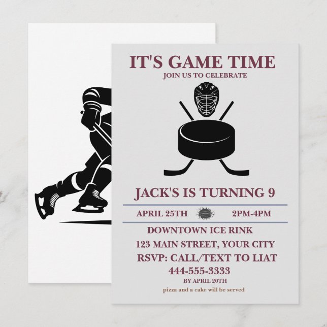 black&white Customise Ice Hockey Birthday Theme  Invitation (Front/Back)