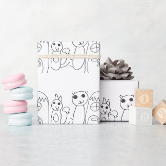 Black White Cute Animals Kids Birthday Wrapping Paper