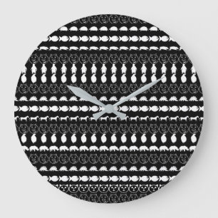 Black White Cute Animals Pattern Large Clock