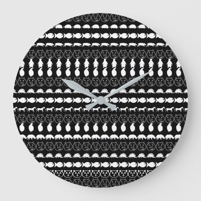 Black White Cute Animals Pattern Large Clock (Front)