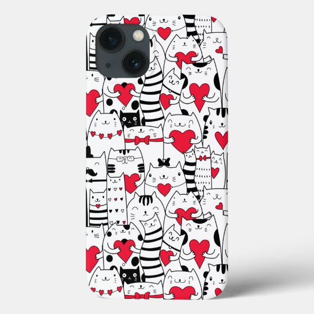 Black White Cute Cat Red Heart Case-Mate iPhone Case (Back)