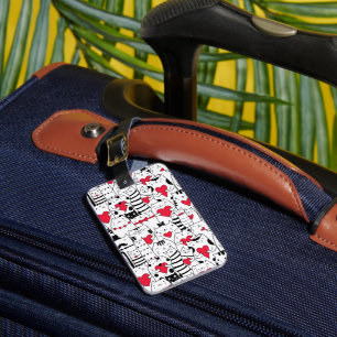 Black White Cute Cat Red Heart Luggage Tag