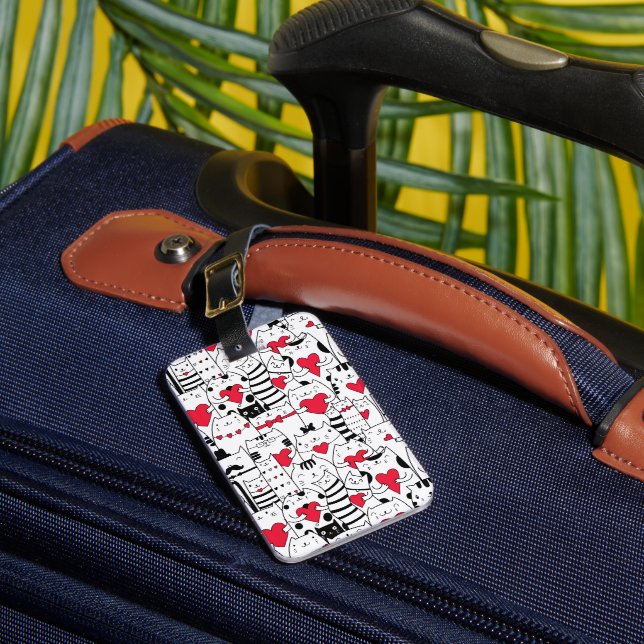Black White Cute Cat Red Heart Luggage Tag (Front Insitu 1)