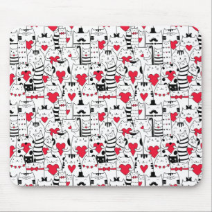 Black White Cute Cat Red Heart Mouse Mat