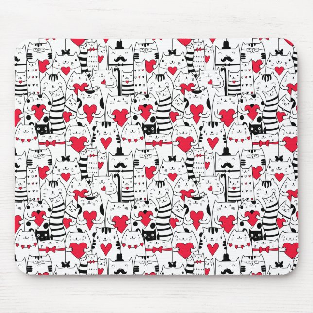 Black White Cute Cat Red Heart Mouse Mat (Front)