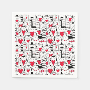 Black White Cute Cat Red Heart Napkin