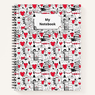 Black White Cute Cat Red Heart Notebook