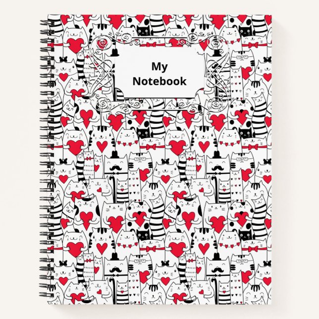 Black White Cute Cat Red Heart Notebook (Front)