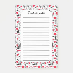 Black White Cute Cat Red Heart Post-it Notes