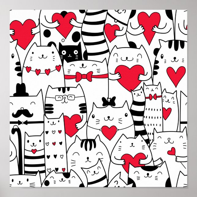 Black White Cute Cat Red Heart Poster (Front)
