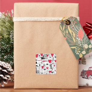 Black White Cute Cat Red Heart Square Sticker