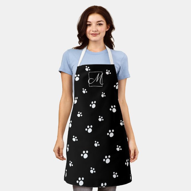 Black & White Cute Dog Paw Print Pattern Monogram Apron (Worn)