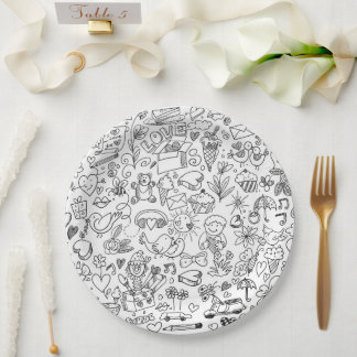 Black & White Cute Doodle Paper Plate