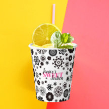 Black White Cute Floral Sweet 16 Personalised Name