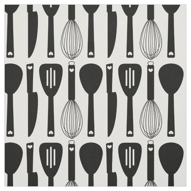 Black White Cute Kitchen Utensils Pattern Fabric (Swatch)
