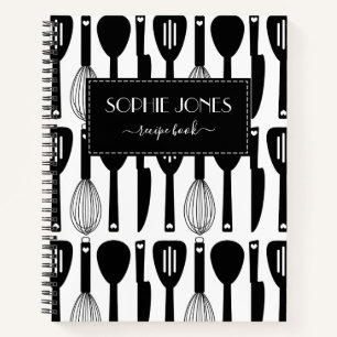 Black White Cute Kitchen Utensils Pattern Notebook