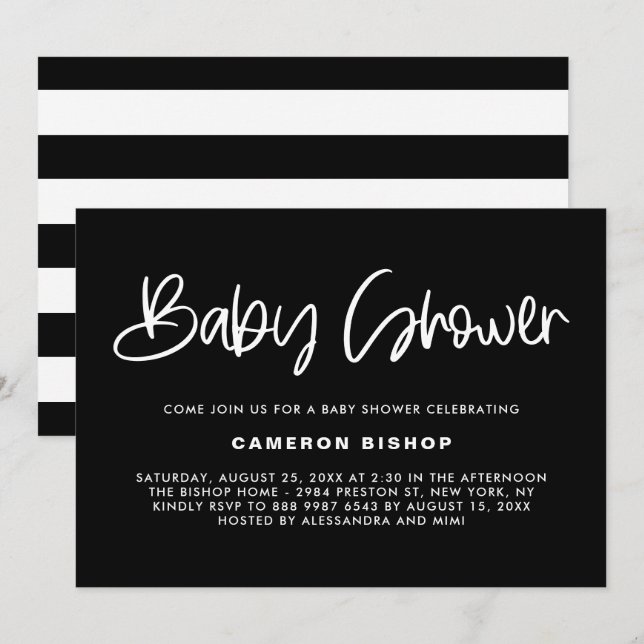 Black & White Cute Modern Calligraphy Baby Shower Invitation (Front/Back)