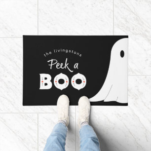 Black White Cute Peek a Boo Ghost Halloween Doormat