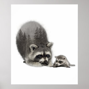 Black White Cute Raccoon with Baby  Poster