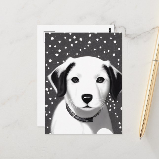 Black & White Cute Retro Puppy Postcard (Front/Back In Situ)