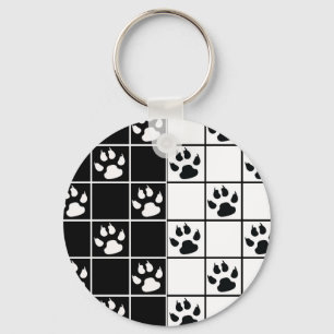 Black White Cute Windowpane Paw Plaid Key Ring