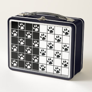 Black White Cute Windowpane Paw Plaid Metal Lunch Box