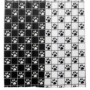 Black White Cute Windowpane Paw Plaid Shower Curtain