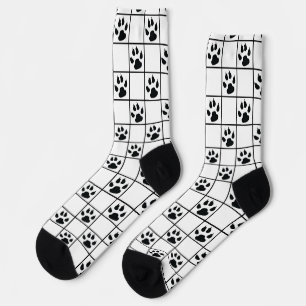 Black White Cute Windowpane Paw Plaid Socks