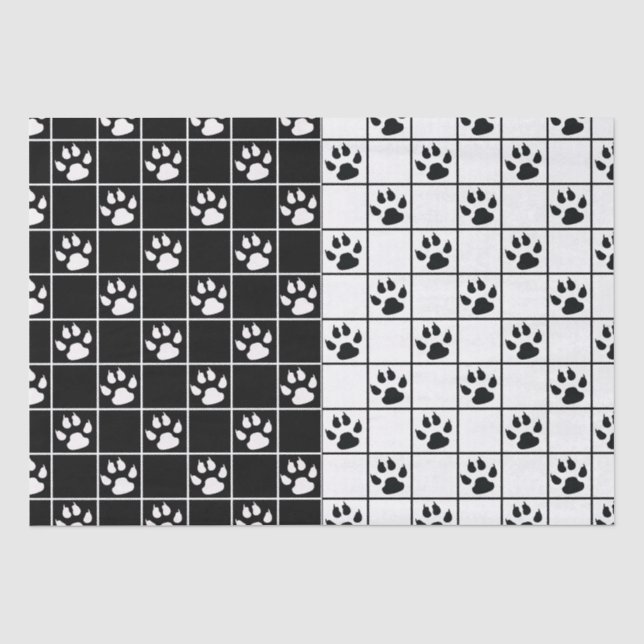 Black White Cute Windowpane Paw Plaid Tissue Paper (Front)