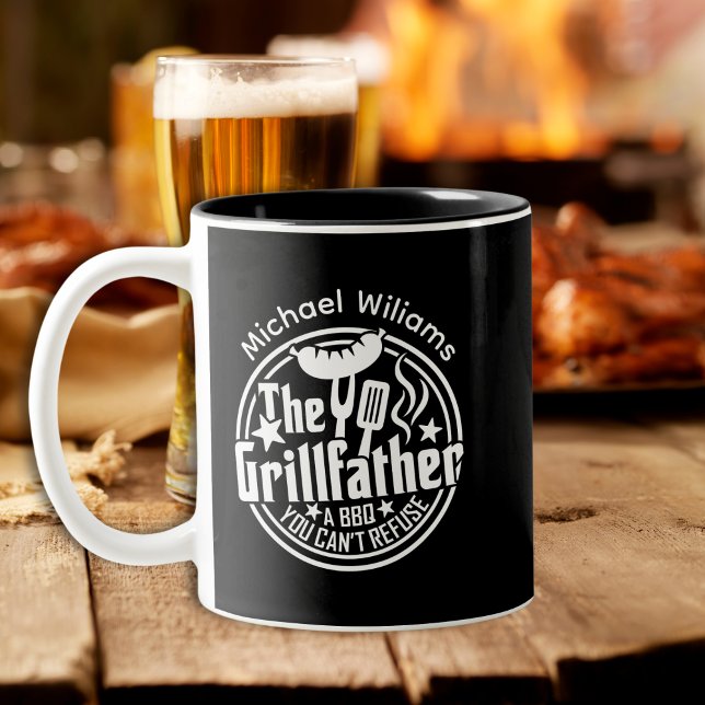 Black White Dad Personalised BBQ Grillfather Two-Tone Coffee Mug (Creator Uploaded)