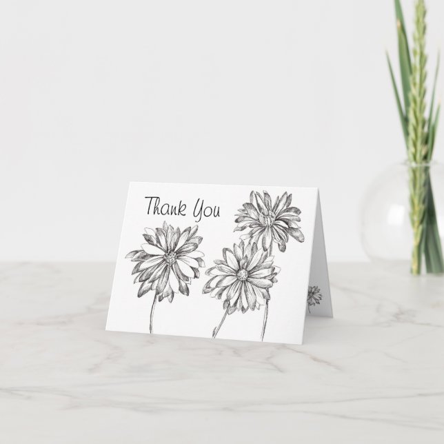Black White Daisy Bouquet Thank You Card (Front)