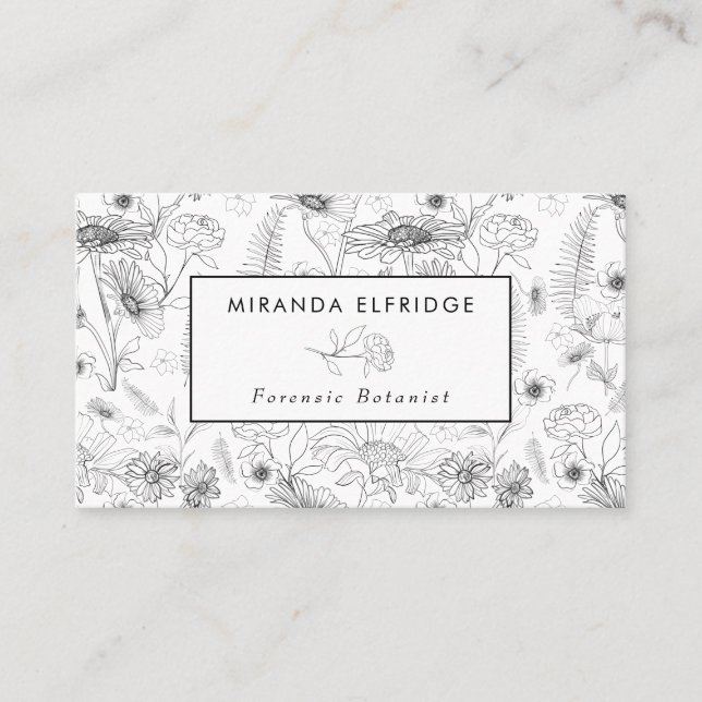 Black white daisy floral rose botanical business card (Front)