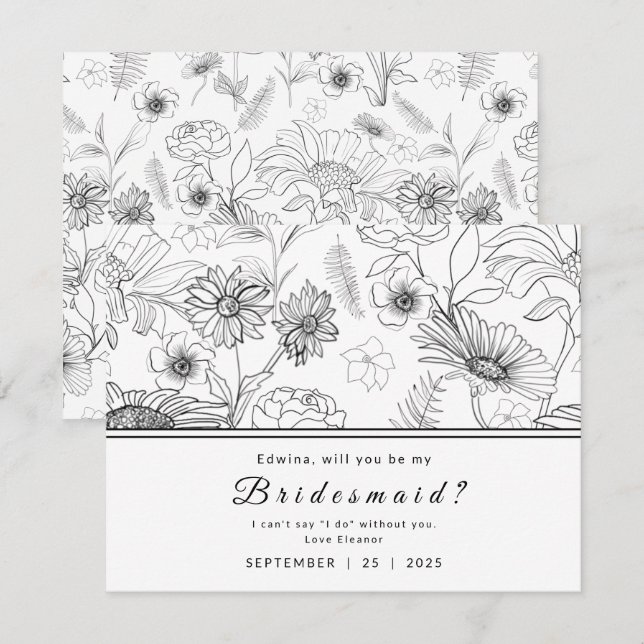 Black & white daisy flower design Be my Bridesmaid Invitation (Front/Back)